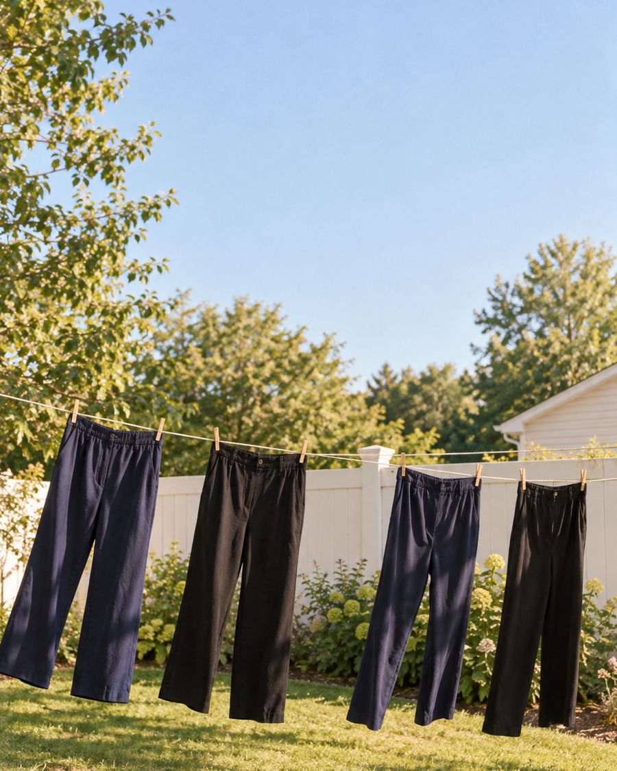 Dark pants drying on a clothesline in a backyard